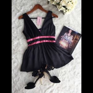 NWT Women's Silk Lilypod Black Top w/Pink-stripes